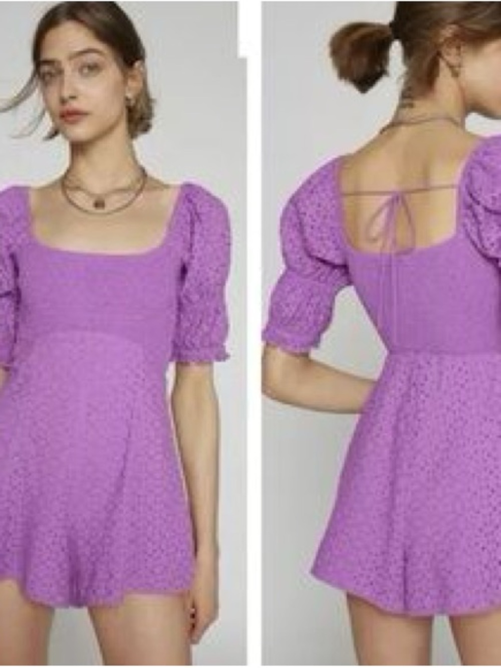 2 - Urban Outfitter x Kimchi Blue Eyelet Puff-Sleeve Romper in White and Magenta - Picture 10 of 10